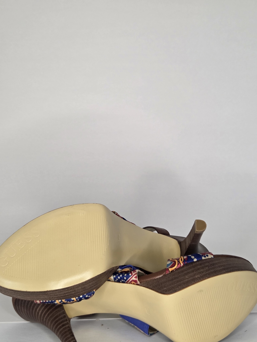 GUESS Kaedi Brown Leather Multi Floral Fabric Platform Sandals Heels - Picture 8 of 12